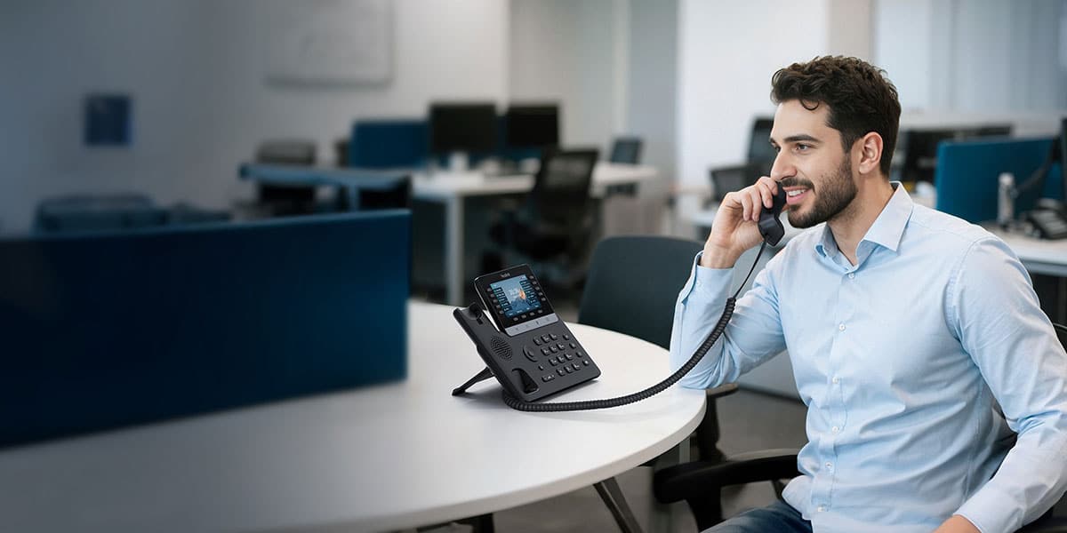 Yealink VoIP desk phone used with hosted business phone systems